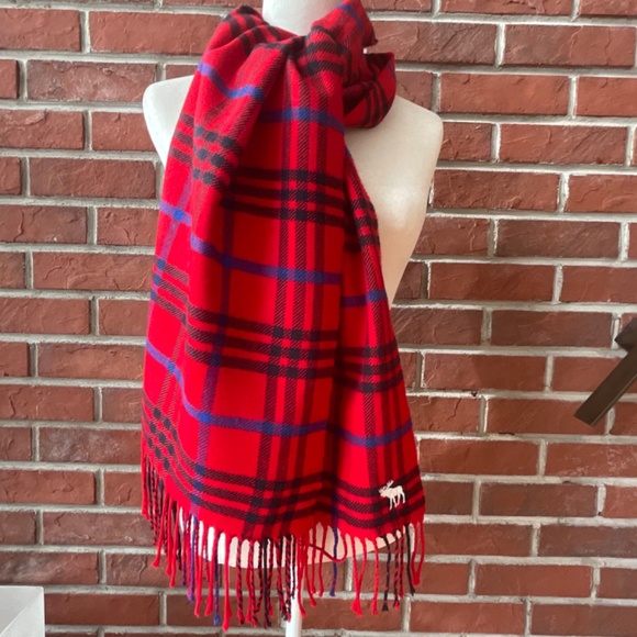 Abercrombie & Fitch Plaid Red Black Blue Fringed  Scarf 78”x15” - Picture 1 of 11
